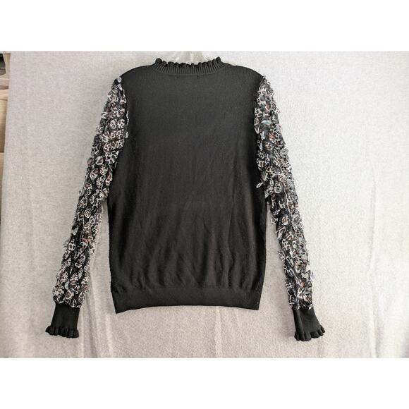 Sioni Milano Sweater Women L Leopard Ruffle Mock Lace Long Sleeve Pullover Black - Picture 2 of 9